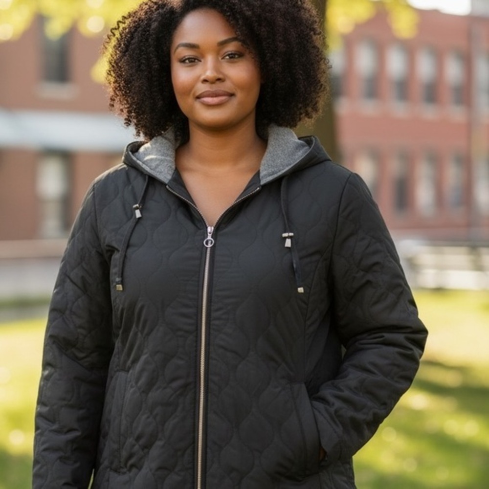 Woman Within Black quilted fleeced hooded jacket  1X